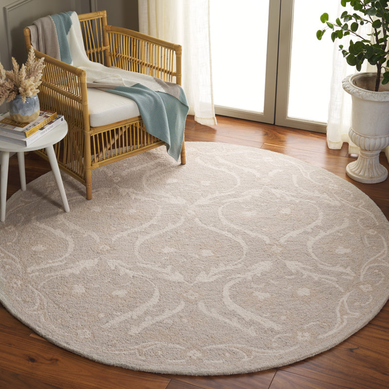 Anneriet Tufted Wool/Cotton Damask Rug in Silver/Ivory, Round 6'