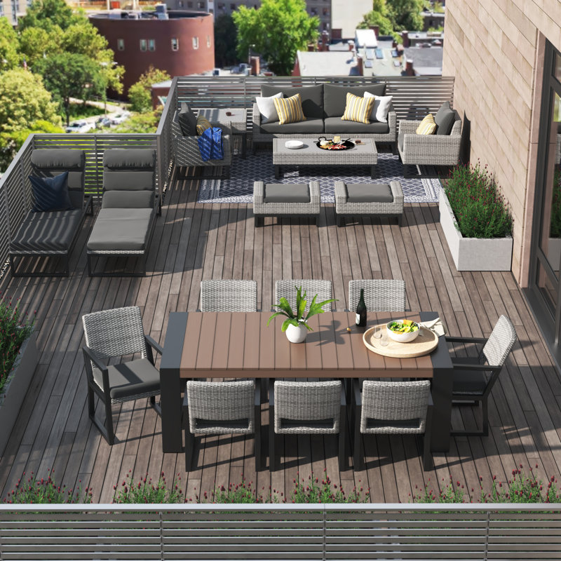 Sameko 18 Piece Rattan Complete Patio Set With Sunbrella Cushion Covers, Charcoal Grey Sunbrella®, Gray
