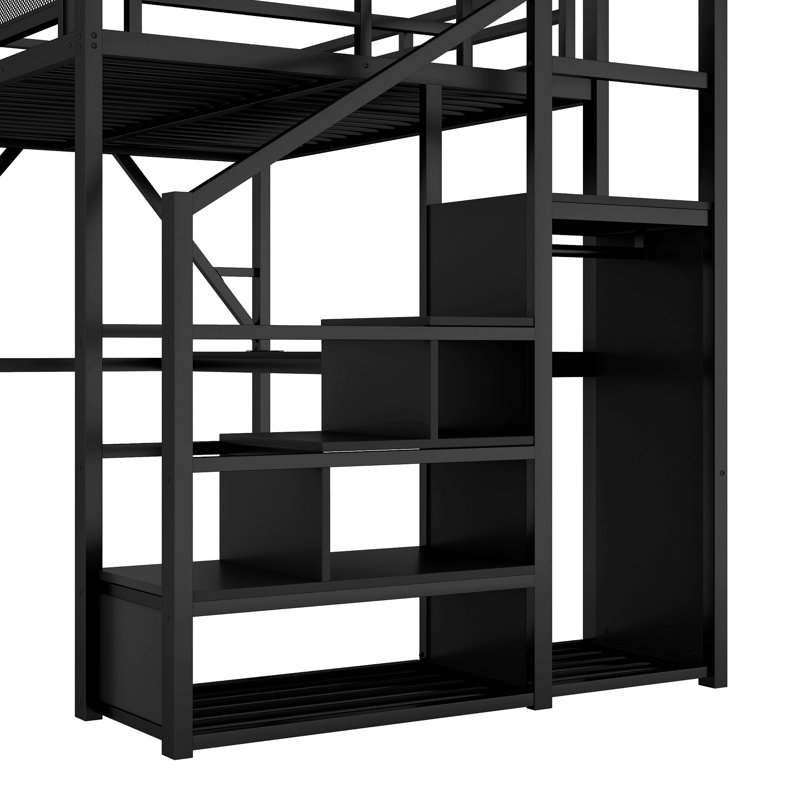 Lit mezzanine avec bureau et station de charge, lit mezzanine en métal avec escalier et lumière