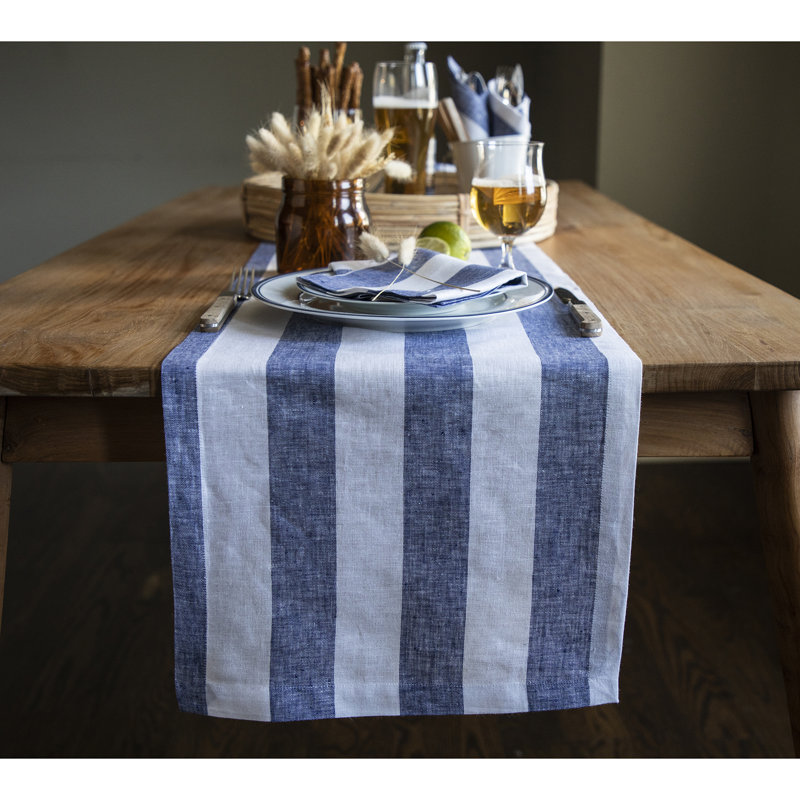 Cabana Stripe - 100% Pure Linen Table Runner, 108" x 18", Navy/White