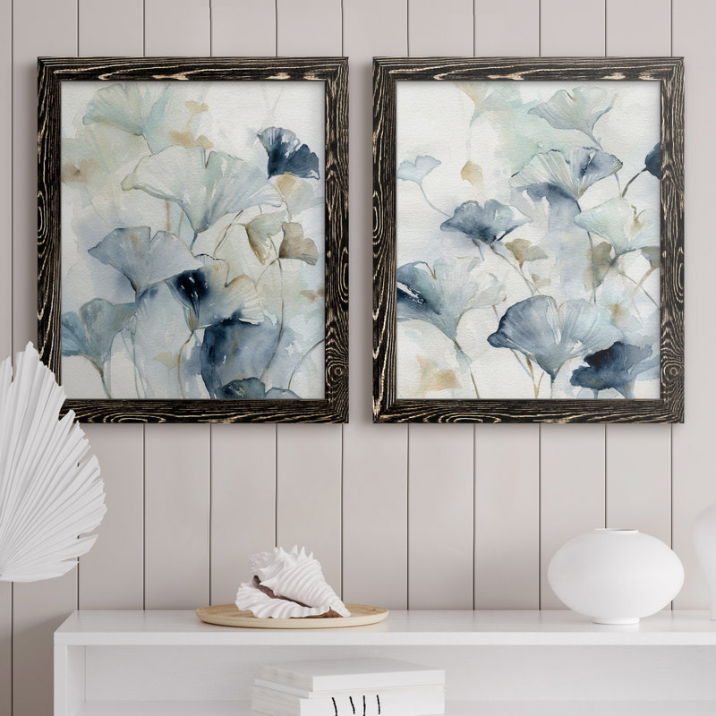 Indigo Ginkgo I - peinture sur toile 2 pièces, H 37,5 po x l 27,5 po x P 1 po, Cadre noir