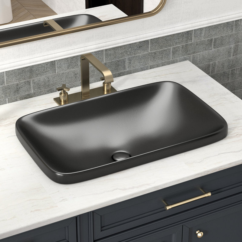 Lavabo de salle de bain vasque rectangulaire semi-encastré en céramique noir mat 24 po x 15 po avec bonde escamotable Los Flexi