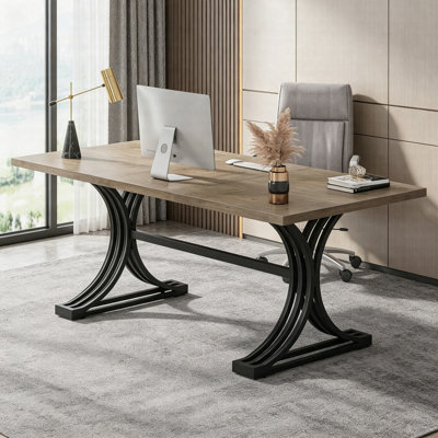 63" Modern Executive Computer Desk With Faux Marble Top And Gold Metal Legs