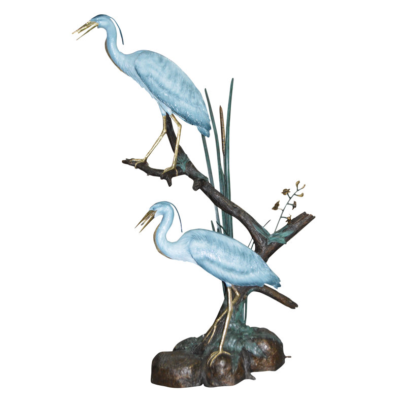 Large Bronze Heron Fountain Statue with Green Patina Finish
