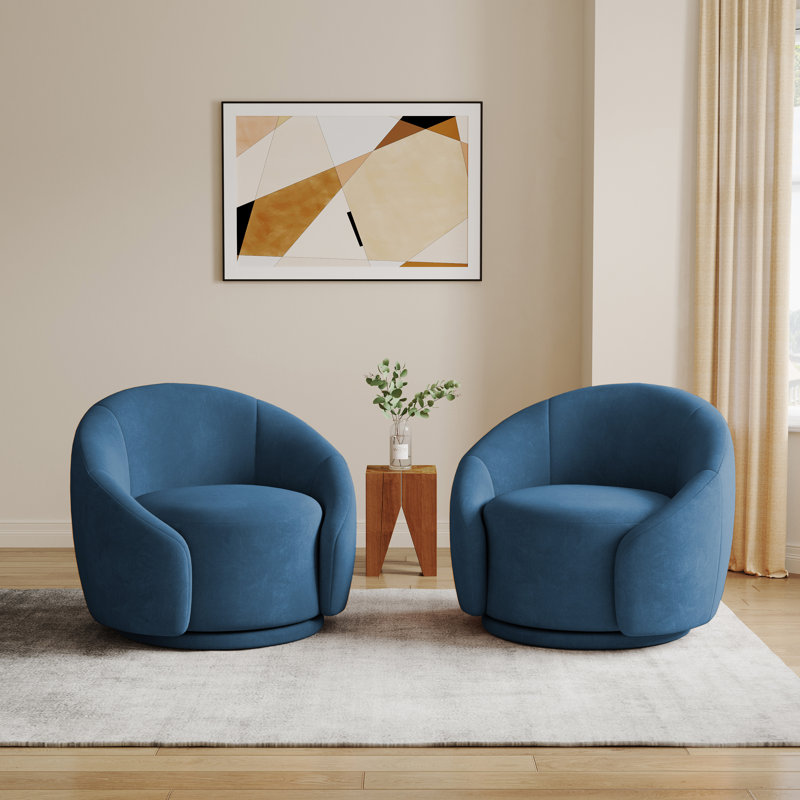 Fauteuil demi-tonneau pivotant rembourré Aunna, Velours bleu