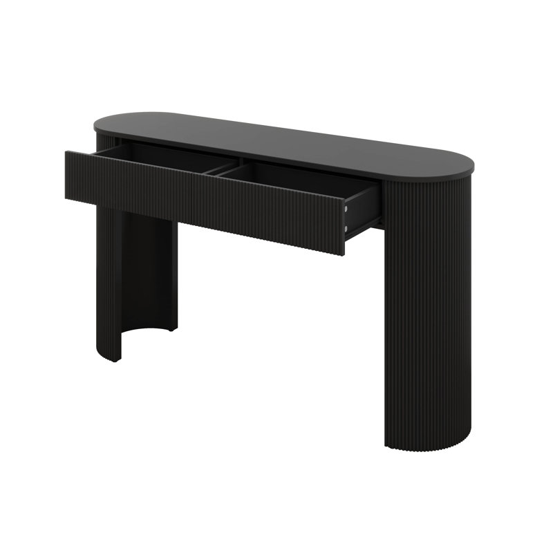 Console moderne avec design cannelé, plateau ovale et 2 tiroirs, Noir
