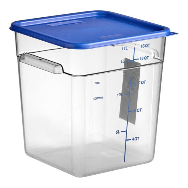 Vigor 18 pte Contenant alimentaire transparent en polycarbonate transparent avec couvercles bleus - paquet de 6, sans BPA, homologué NSF, empilable