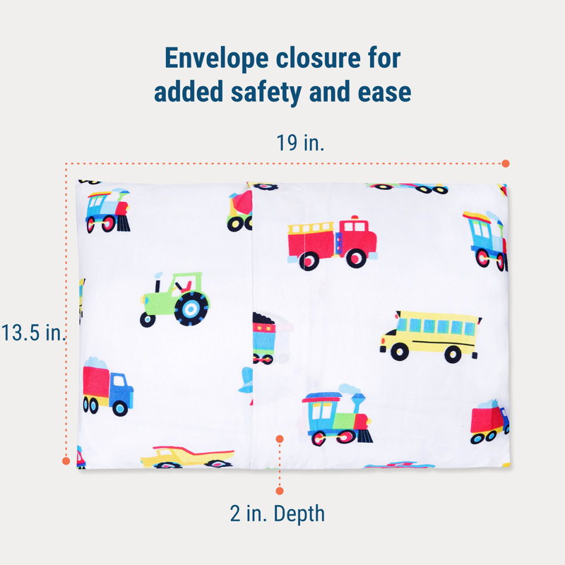 Wildkin 100% Microfiber 2-Pack Kids Pillowcase – Soft, Breathable & Toddler Size - Trains, Planes & Trucks