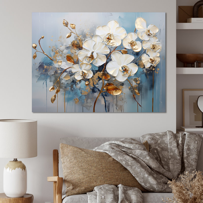 Décoration murale orchidée beige et or Bloom III - Orchidées, Cadre photo noir, H 30 po x l 40 po