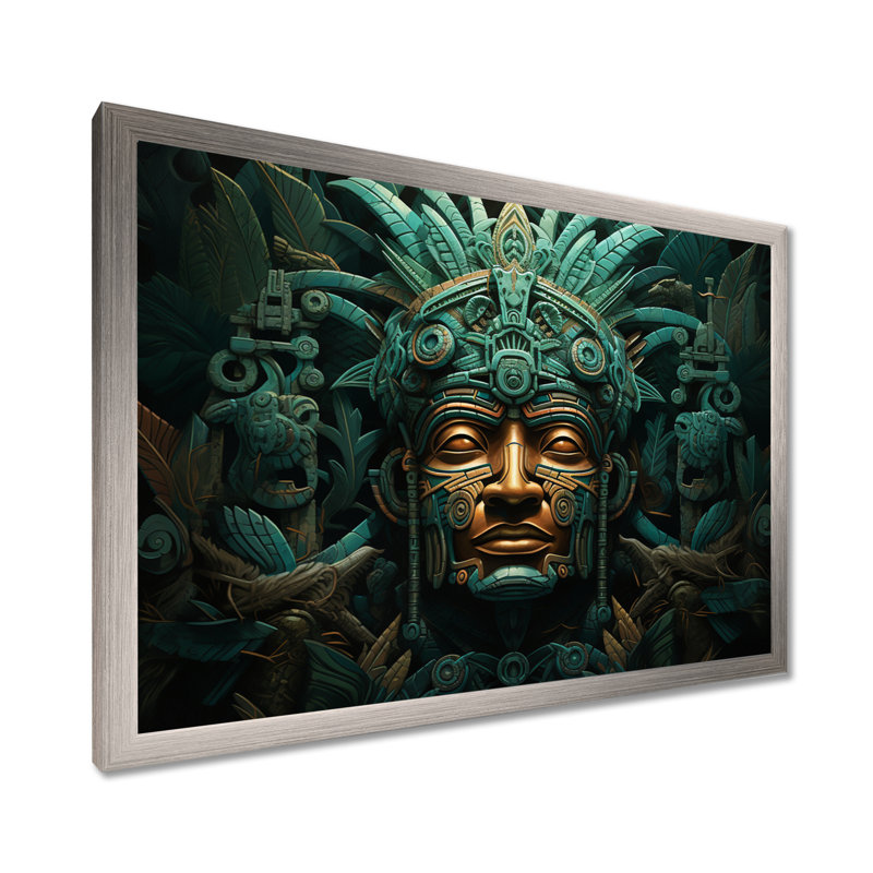 Maya Magic Aztec Mask I - Art mural mexicain, H 16 po x l 32 po x P 1 po, Cadre simple argenté