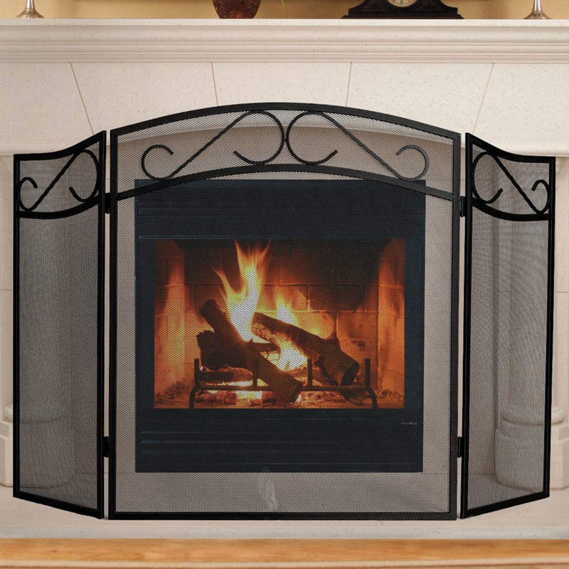 Support de pare-feu en fer forgé à 3 panneaux pour foyer au bois, L 31 po x l 51 po