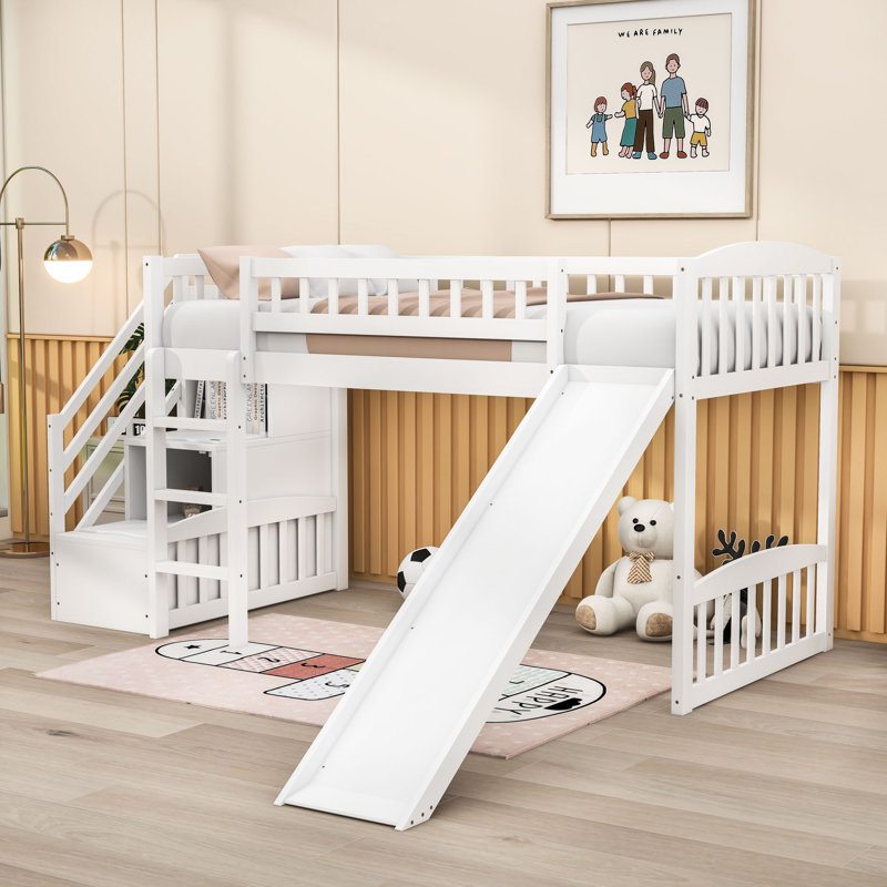 Wood Twin Loft with Bed Storage Stairs and Slide, White