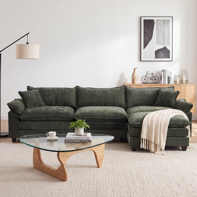 Canapé d'angle en chenille de 284 cm de large avec méridienne, canapé en L 3 places pour salon, Chenille verte