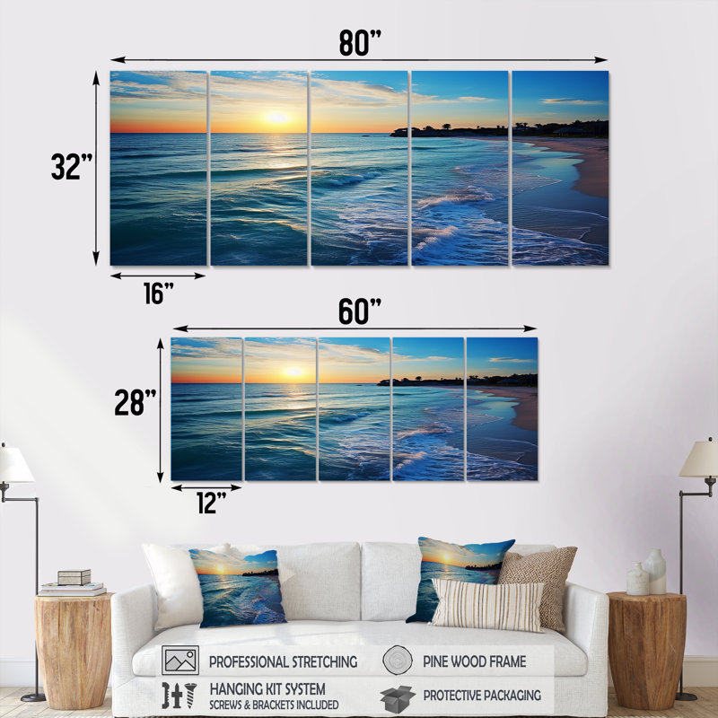 «Tranquil Shores Sunset Beach Horizon V - Coastal Beach», art mural 5 pièces pour le salon, H 28 po x l 60 po
