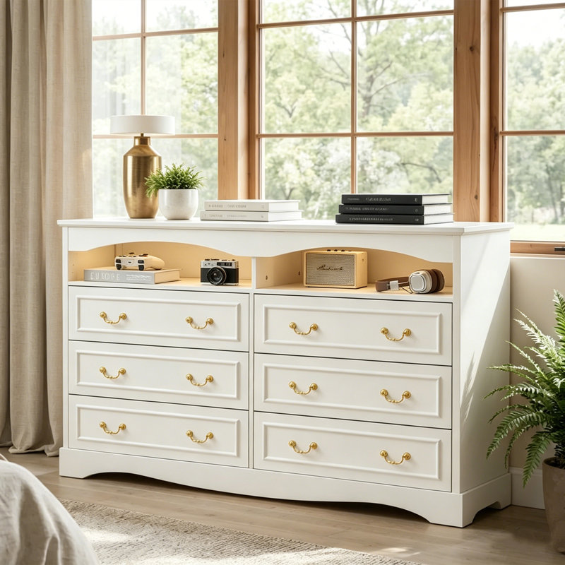 51.18"W Morden 6 Drawer Dresser Chest with Natural Texture, Wide Double Dresser With LED Light, Vintage Farmhouse Wood Closet Dresser Storage Organizer, French Country Chest of Drawers for Bedroom, Rustic TV Stand for Living Room, Gift