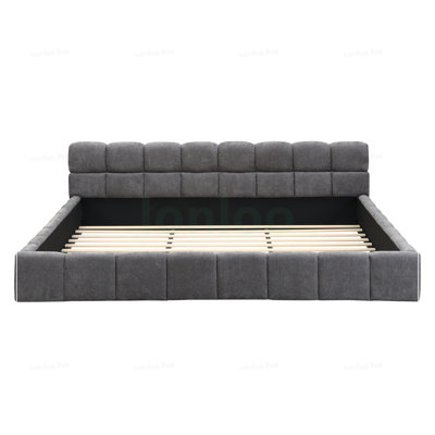 Élégant lit tapissier en chenille à motif damier, très grand, moelleux et sophistiqué pour les chambres à coucher modernes