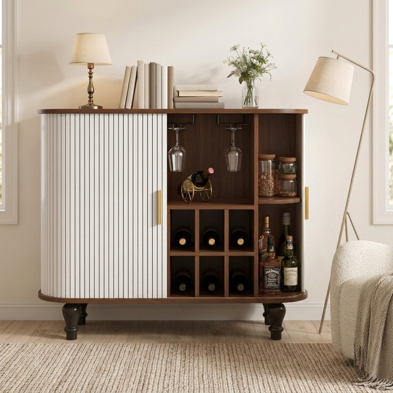 39" Modern Fluted Bar Cabinet with Storage Drawer & Hidden Side Compartments, White