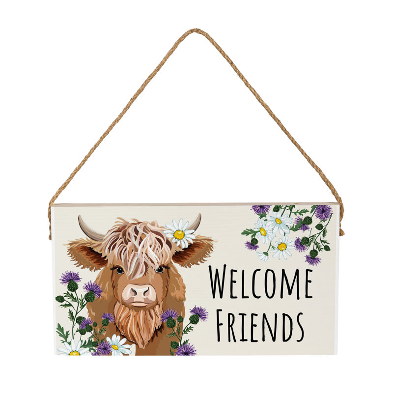 Petal & Plow Garden Decor, Hanging Sign, Highland Cow Welcome Friends, 11" L x 6" H