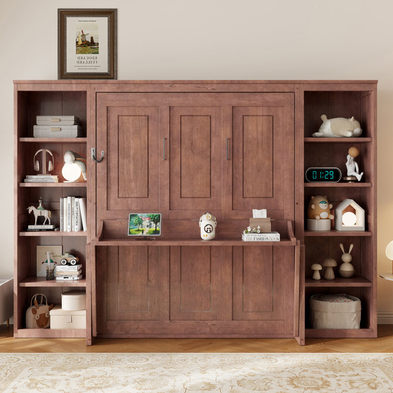 Lit escamotable pleine grandeur avec bureau et bibliothèque, lit mural brun foncé peu encombrant pour les petites pièces