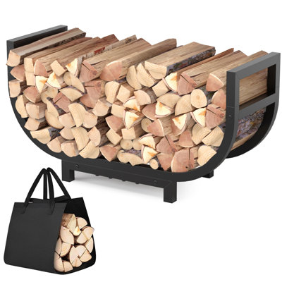 Râtelier à bûches de 76 cm (30 pouces) pour intérieur et extérieur avec sac de transport, support à bûches stable en métal antirouille pour foyer, terrasse ou foyer extérieur, outil de rangement robuste pour le bois de chauffage, noir