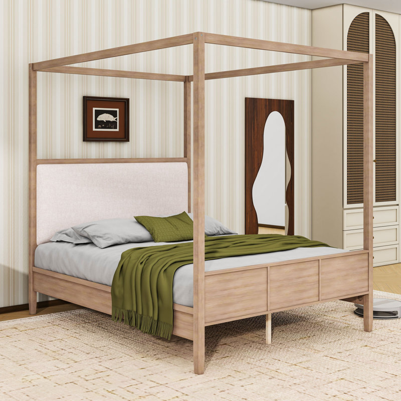 Lit plateforme à baldaquin en bois avec tête de lit tapissier et lattes, Noyer naturel, Queen