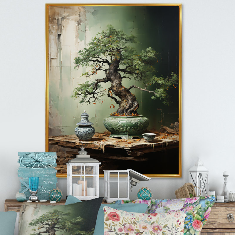 Ancienne Bonsai miniature I - Art mural arbre Bonsai, Cadre flottant doré, 40" H x 30" W