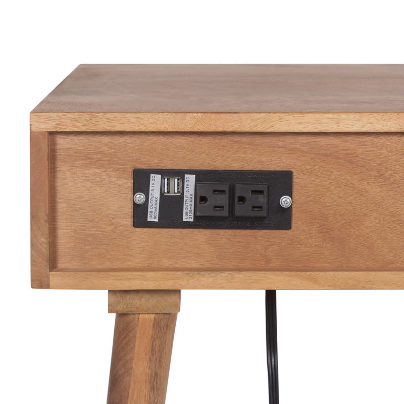Natural Acacia Wood Desk with Cane Drawers and Built-in Power Outlet