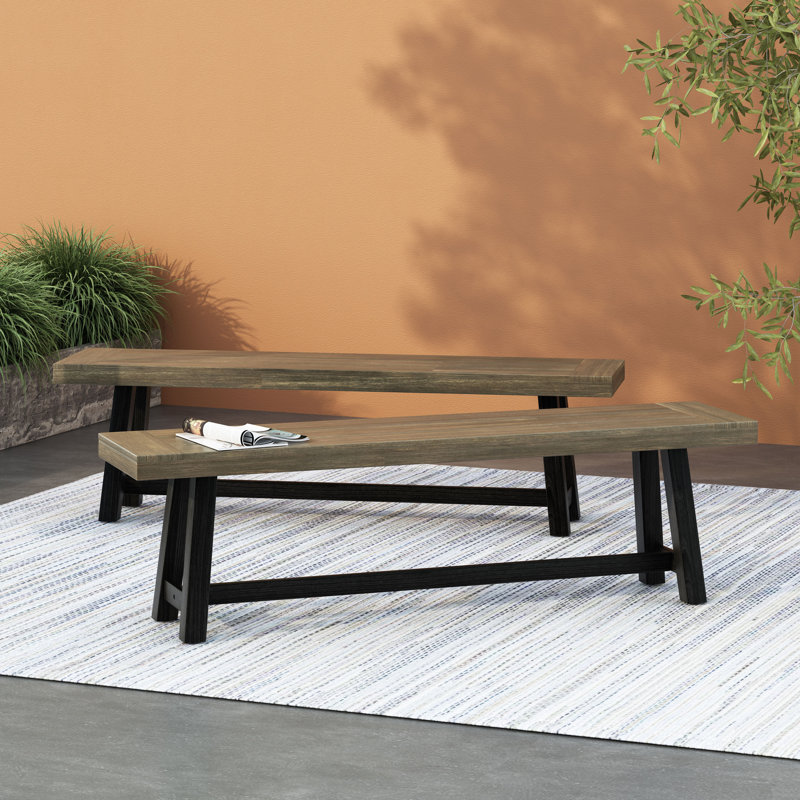 Banc d'extérieur en bois d'acacia (2), finition gris sablé et noir | Idée de cadeau, Gris / Noir