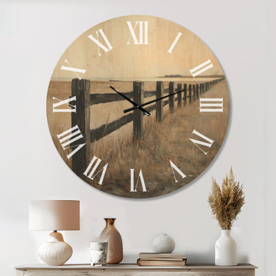 Clôture de marais côtier I - Horloge murale de ferme, impression sur bois