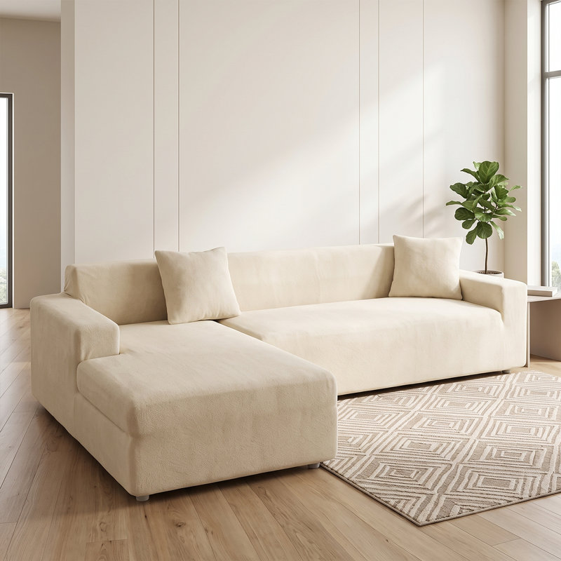 Housse de canapé en L épais en velours - Housse de canapé modulaire avec 2 housses de coussin décoratif, Beige