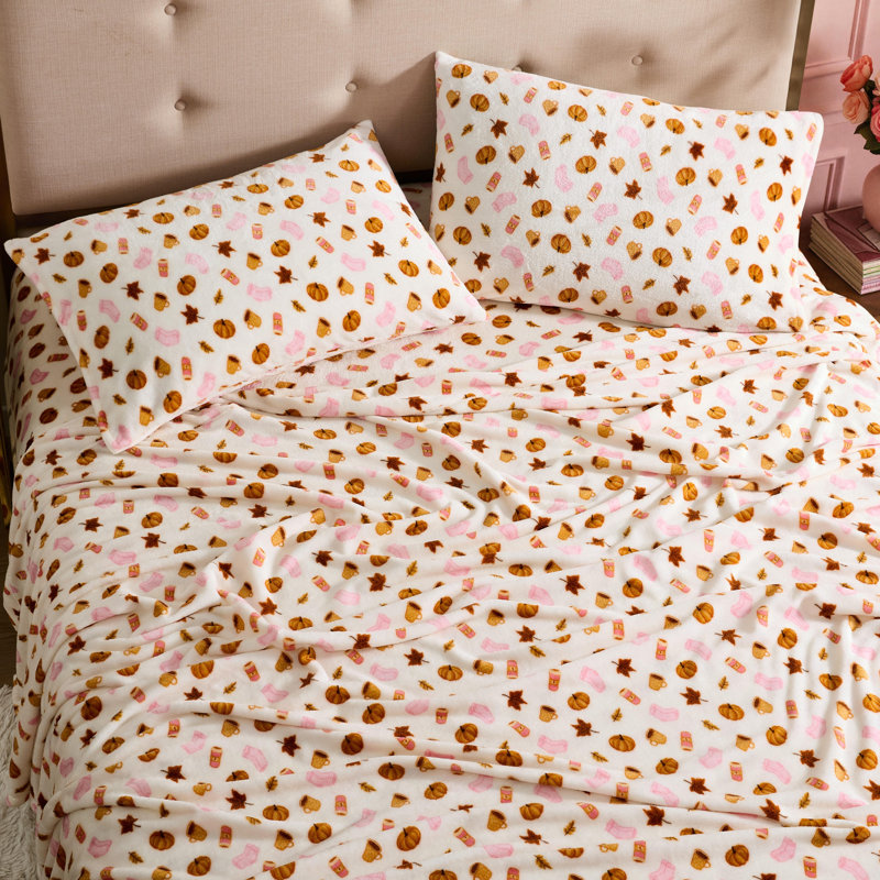 Ensemble de draps en molleton imprimé Betsey Johnson, Twin, Pumpkin Spice Girl Orange