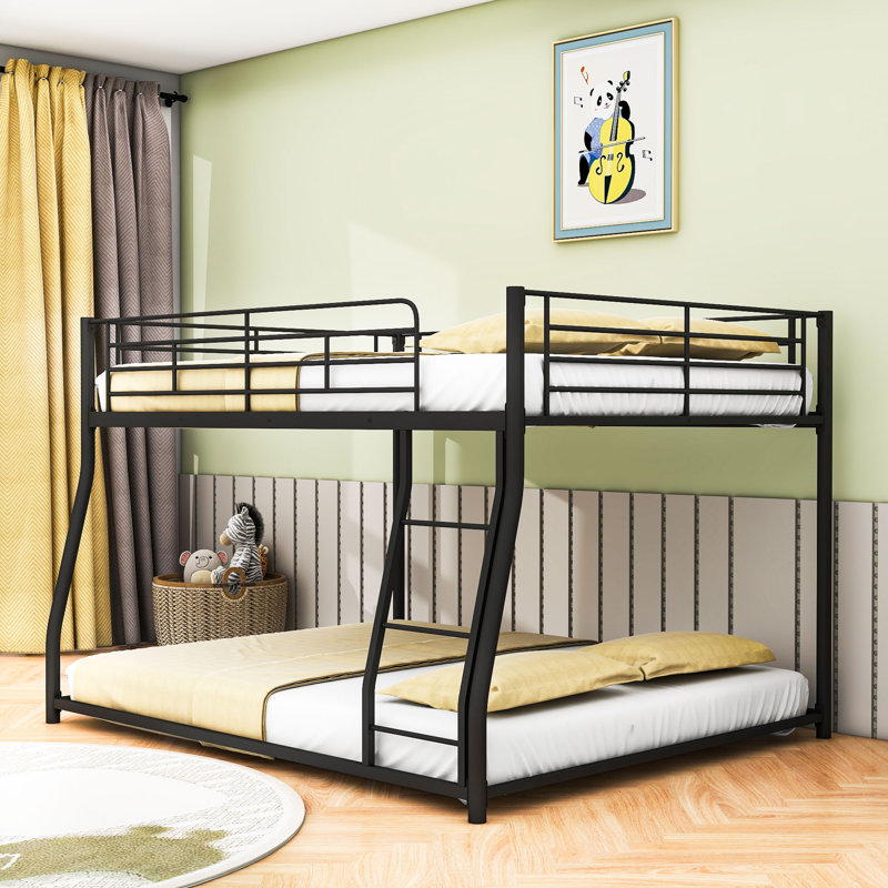 Contemporary Metal Bunk Bed With Sloping Ladder And Safety Guardrail, Full XL Over Queen
