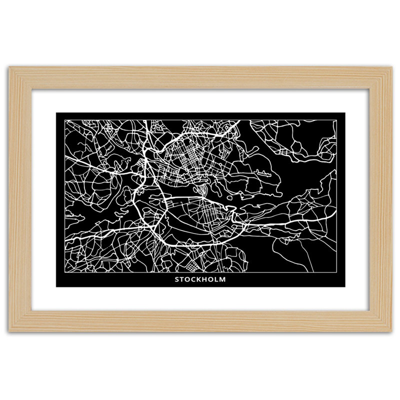 Stockholm City Map - Single Picture Frame Print, 60cm H x 90cm W, Tan