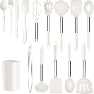 15 Pcs Silicone Cooking Utensil Set,stainless Steel Kitchen Utensils Set,non-stick Heat Resistant, White