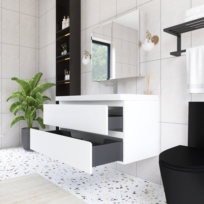 Meuble-lavabo mural simple 42 po avec plateau en résine intégré, Blanc