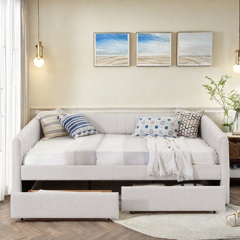 Upholstered Daybed with Two Drawers Rainbolt, Beige