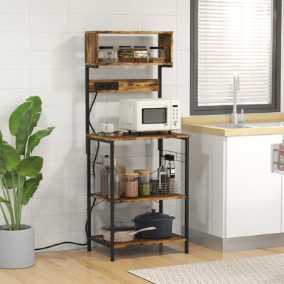 Kitchen Bakers Stand With Power. Rustic Brown. Adjustable Shelves, 5 Hooks. For Appliances, Spices. Microwave, Coffee Bar Rack. 60.25" H Brown Storage Power Supply, . Appliances. Microwave Stand,