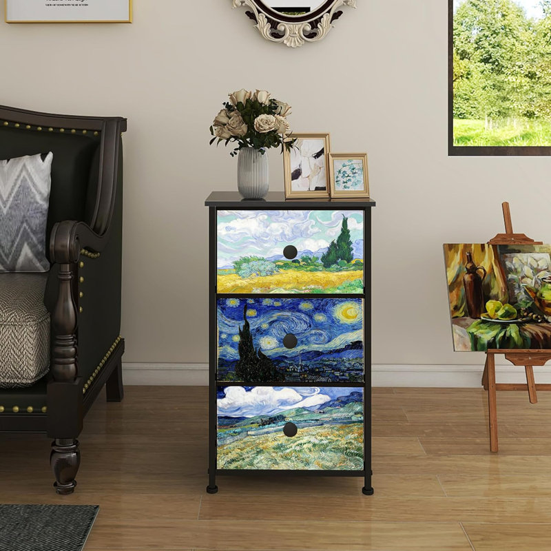 Van Gogh Pattern Black 3-Drawer Dresser with Steel Frame