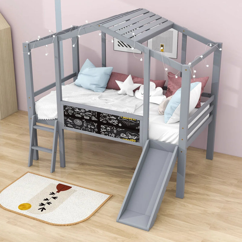 Ambarvale Kids Twin Wood Loft Bed with Slide, Gray