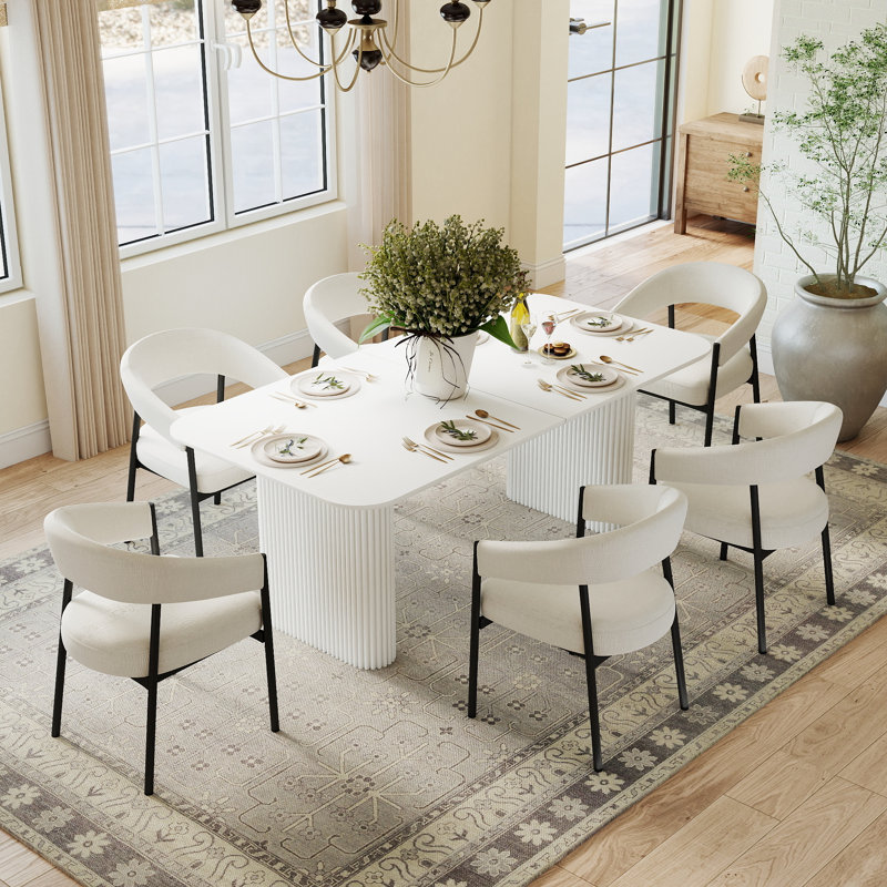 Ensemble de table de salle à manger 70 po avec fauteuil, 70 po, 7 pièces : table, 6 chaises, Blanc