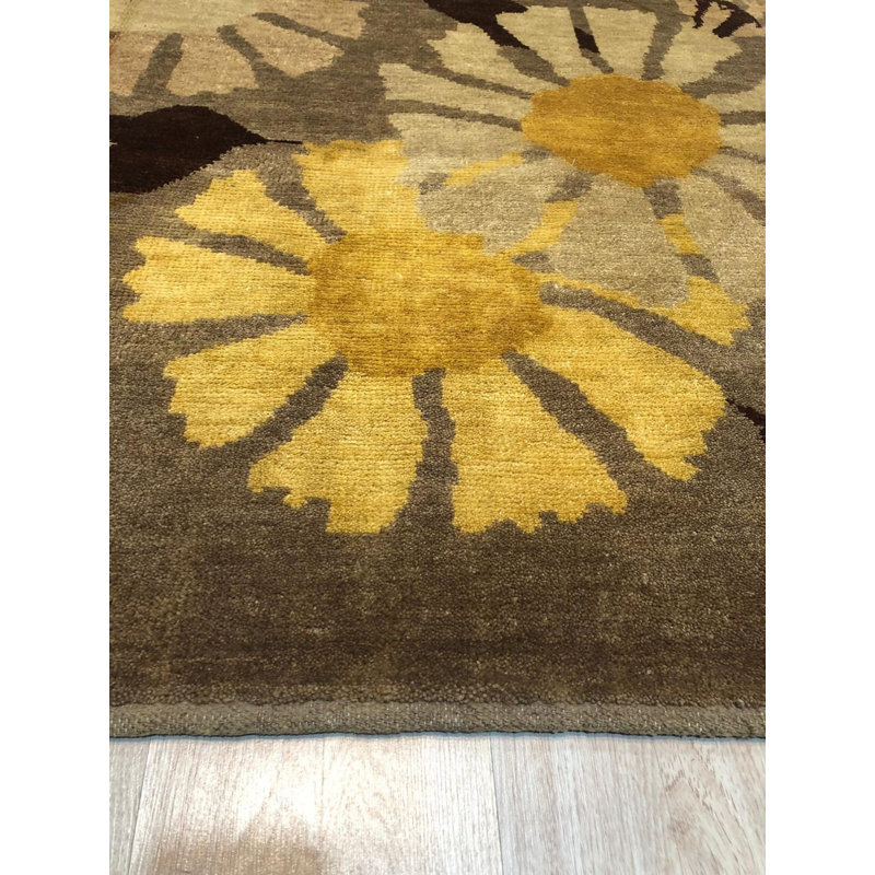 Brown Hand-Knotted Wool Abstract Floral Burst Geometric Modern Contemporary Carpet Rug, 8' x 10'