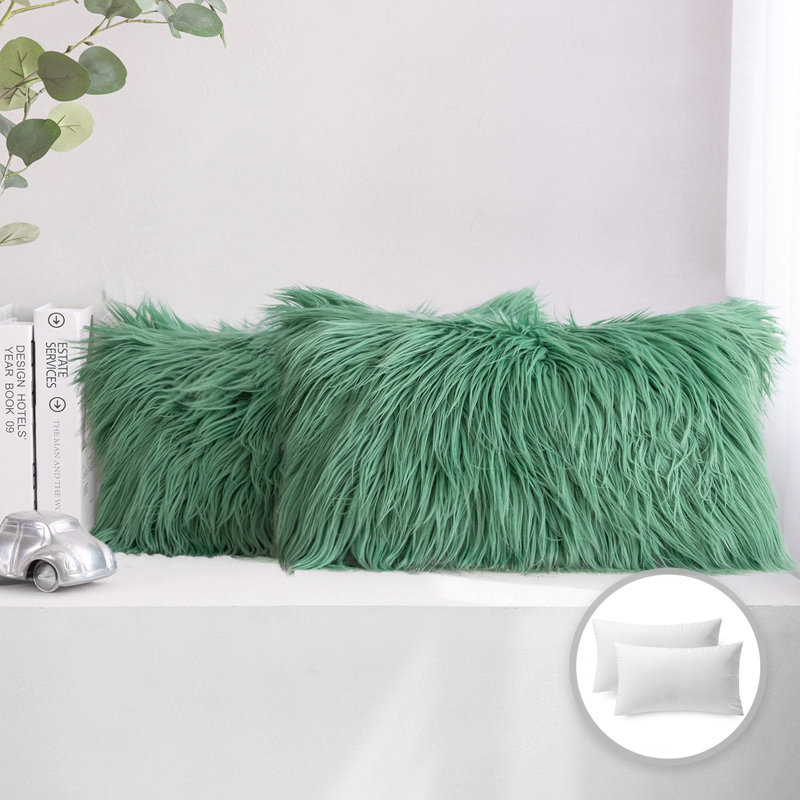 Chrismas Long Faux Fur Collection Faux Fur Reversible Throw Pillow, Green, Rectangle 12"H x 20"W, Pillow Cover & Insert