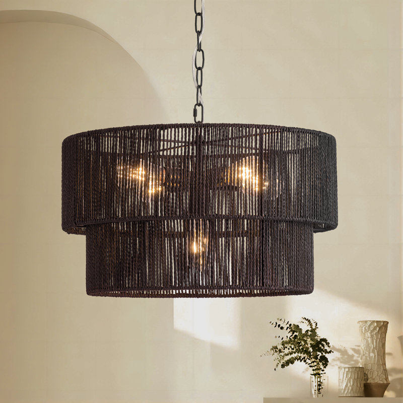 5-Lights Hand-Woven Rattan Pendant Light, Black