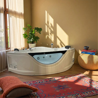 59" Luxury Jetted Spa Tub With 6 Hydro Massage Jets, Corner Whirlpool Bathtub For 2 Person, With UL Certified Water Pump UPC Certified Drainer