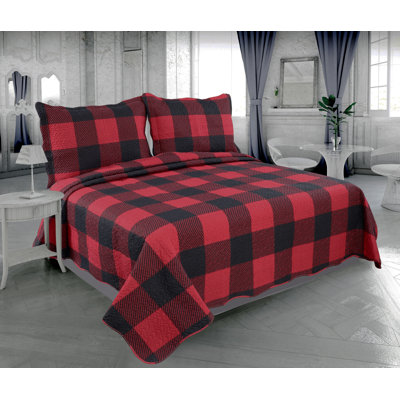 Marina Decoration Rich Printed Embossed Pinsonic Coverlet Bedspread Ultra Soft 3 Piece Summer Quilt Set With 2 Quilted Shams, Red Black Plaid Pattern Queen/Full Size