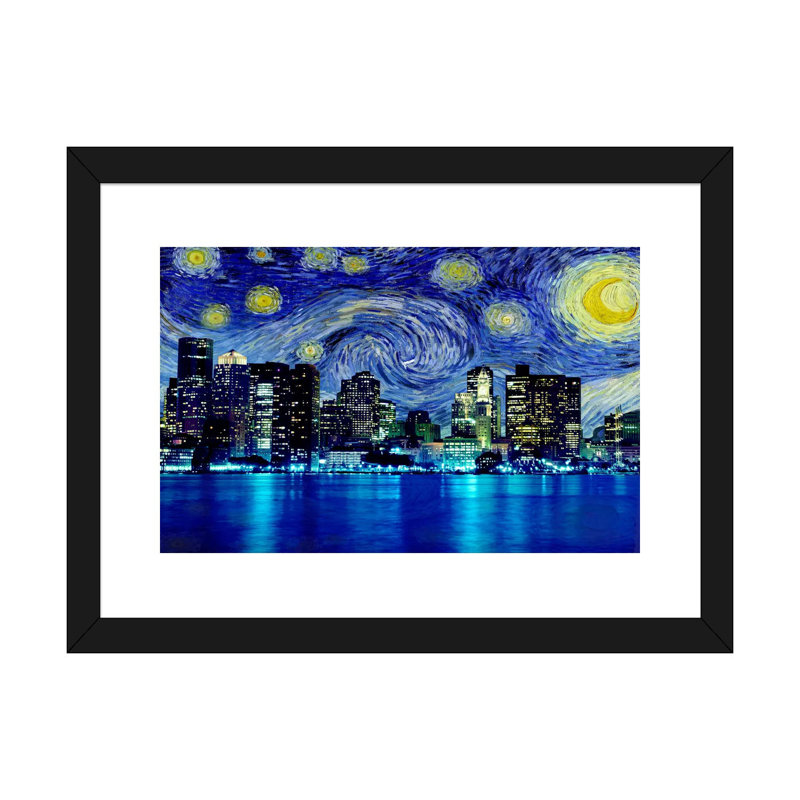 Boston, Massachusetts, nuit étoilée, impression d'art graphique, Papier encadré noir, H 24 po x l 32 po x P 1 po