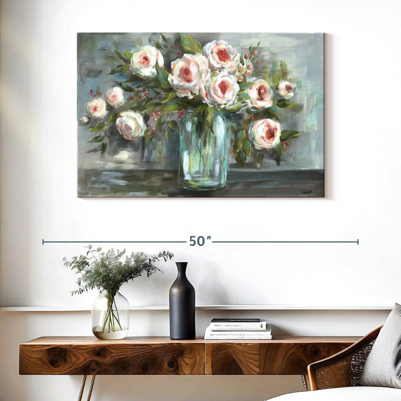 Harnek, fleurs roses, nature morte, paysage, H 26 po x l 39 po