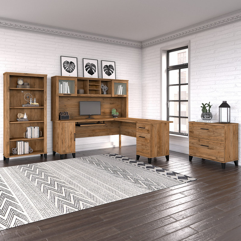 Ensemble de bureau d'ordinateur en L avec huche Magomed, Noyer frais