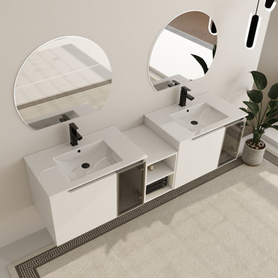 Meuble-lavabo mural double 72 po avec comptoir en céramique Myria