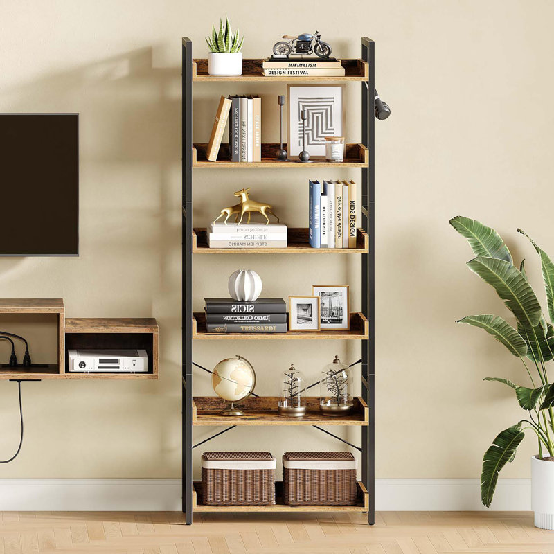 Narrow  Corner 6 Tier Bookshelf, Wooden Display Shelf, Rustic Brown